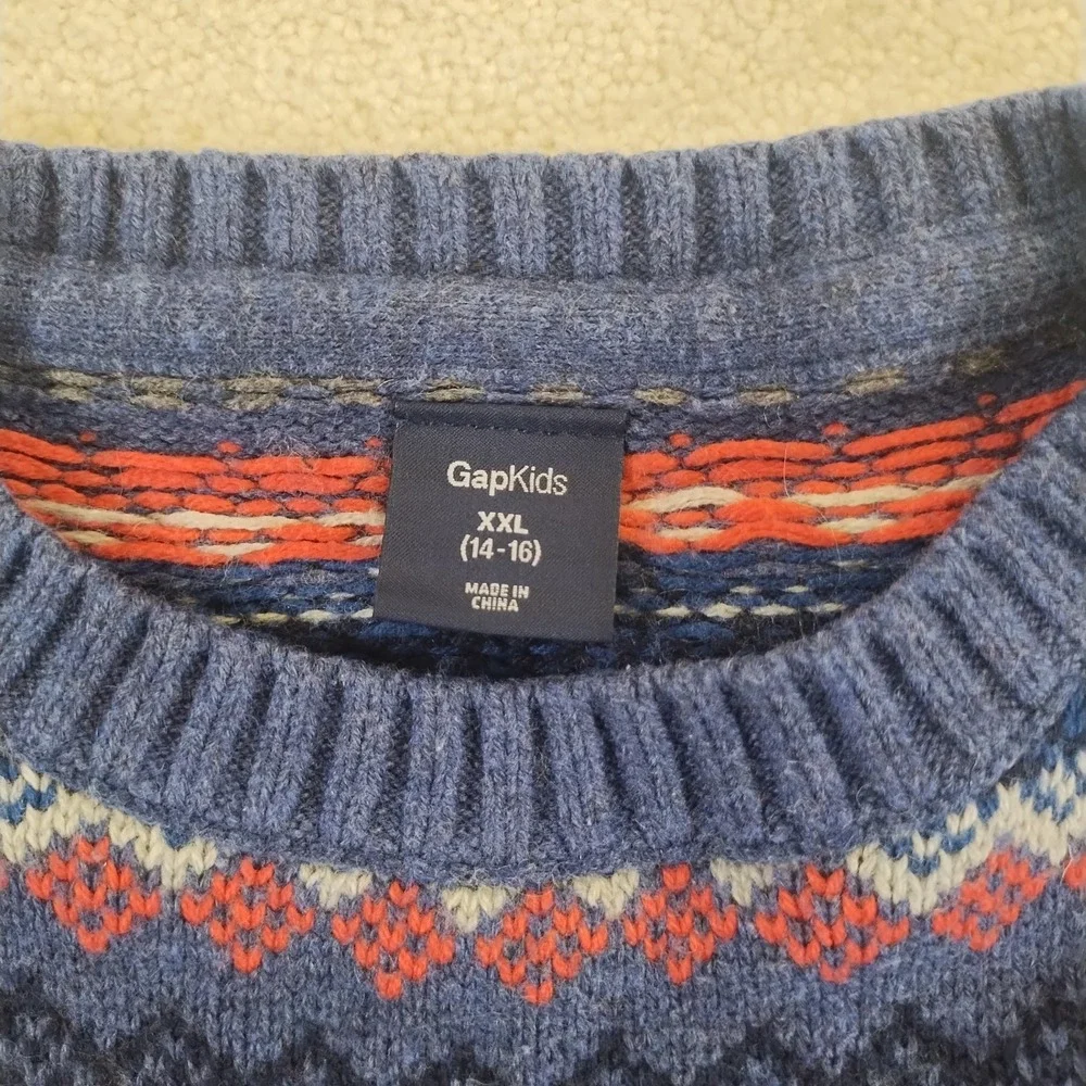 Gap Kid's Sweater XXL 14-16 Blue Pink Fair Isle Wool Blend Crewneck Soft EUC